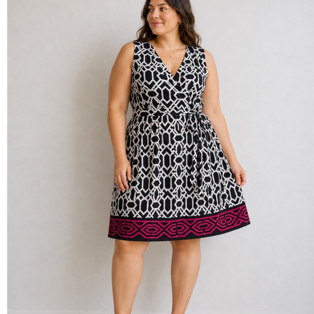 INC International Concepts XL Black White Geometric Pink Trim Faux Wrap Dress